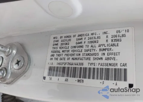 2010 Honda Accord 2.4 Ex из США, поврежденный, VIN 1HGCP2F7XAA144306